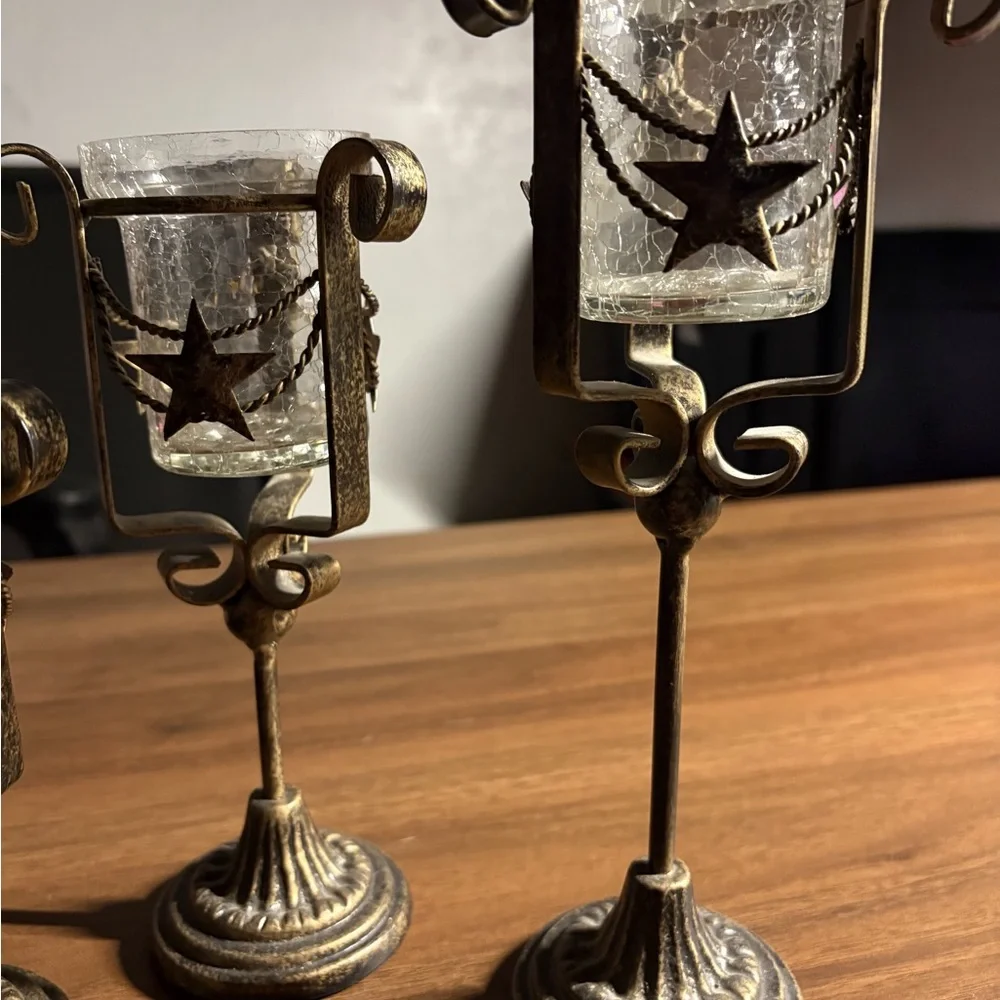 Vintage Bronze Star Crackled Glass Candle Holders Set of 3 - Picture 4 of 6